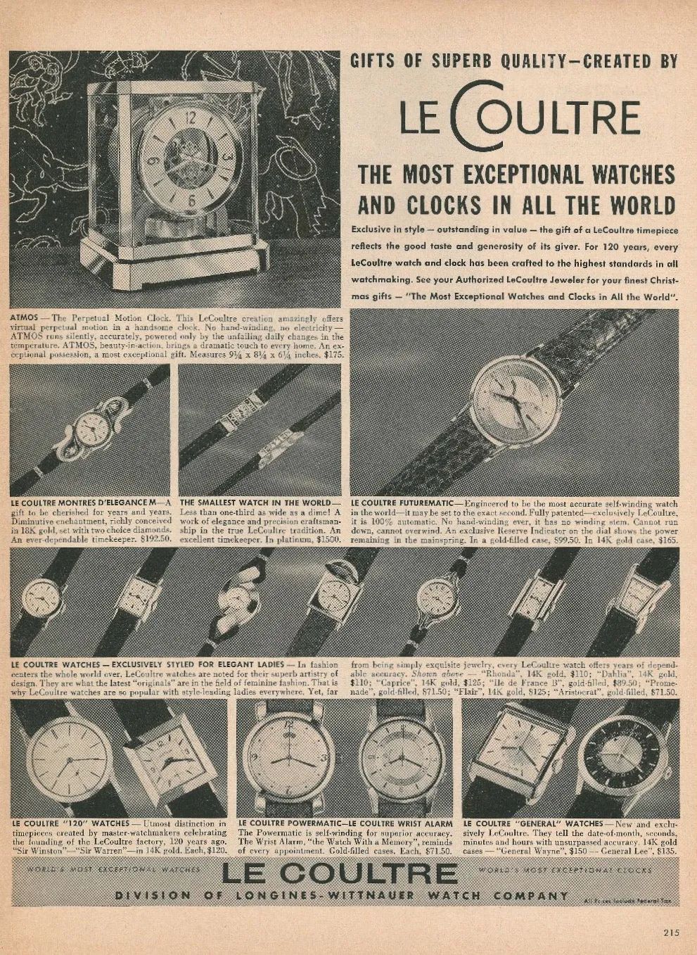 1950s LeCoultre Clocks and Watches Magazine Ad ft. Atmos & Futurematic