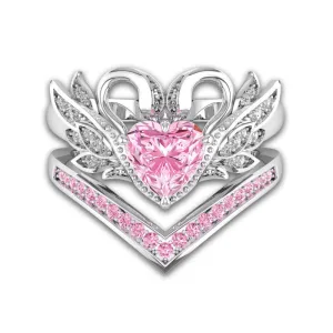 2 Pcs/set Sweet Swan Heart Zirconia Engagement Wedding Ring Unique Gift for Women Girls