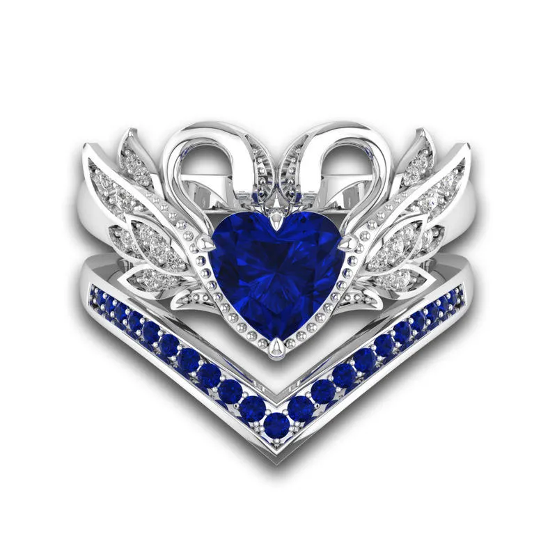 2 Pcs/set Sweet Swan Heart Zirconia Engagement Wedding Ring Unique Gift for Women Girls