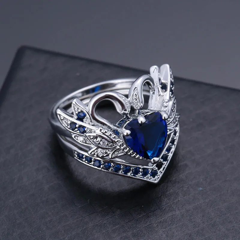 2 Pcs/set Sweet Swan Heart Zirconia Engagement Wedding Ring Unique Gift for Women Girls