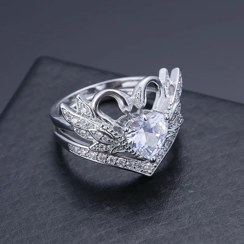 2 Pcs/set Sweet Swan Heart Zirconia Engagement Wedding Ring Unique Gift for Women Girls
