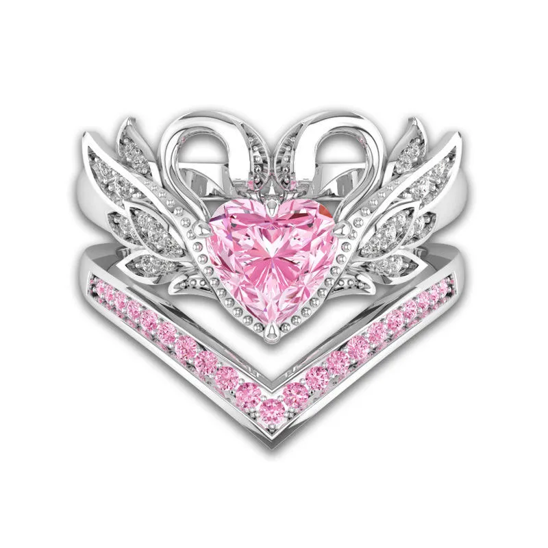 2 Pcs/set Sweet Swan Heart Zirconia Engagement Wedding Ring Unique Gift for Women Girls