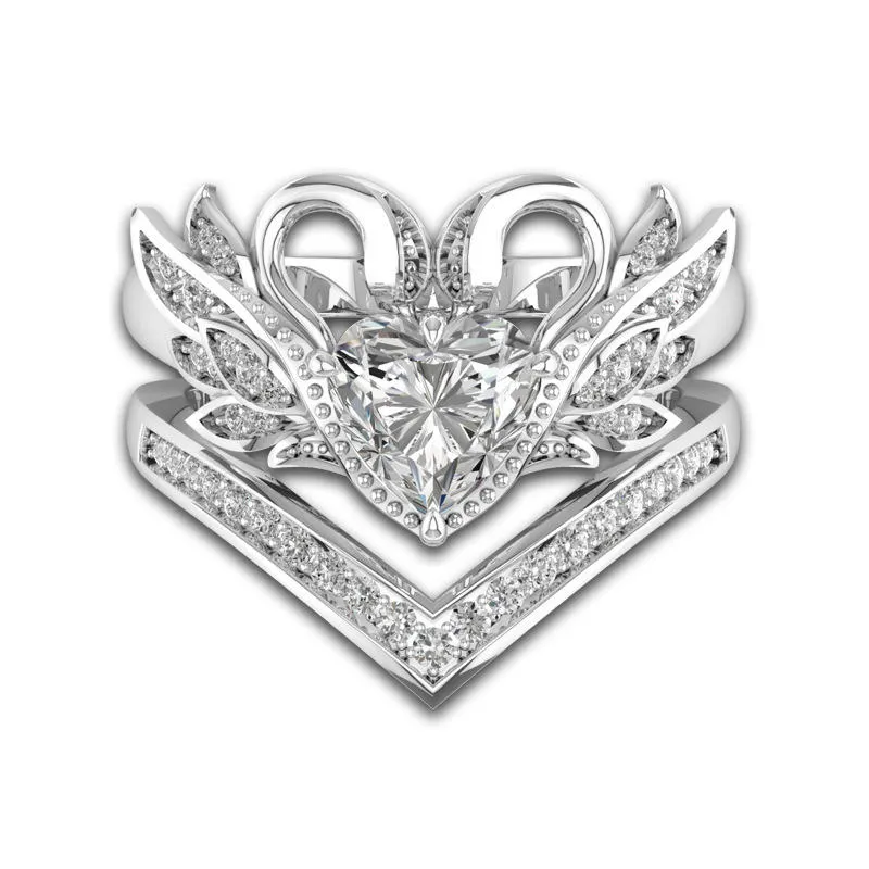 2 Pcs/set Sweet Swan Heart Zirconia Engagement Wedding Ring Unique Gift for Women Girls