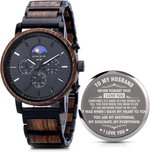 2win Personalized Customized Wooden Watch for Men Husband Custom Engraved Wood Wristwatch Day&Night Conversion Pattern Watch Gift for Anniversary Christmas Father's Day
