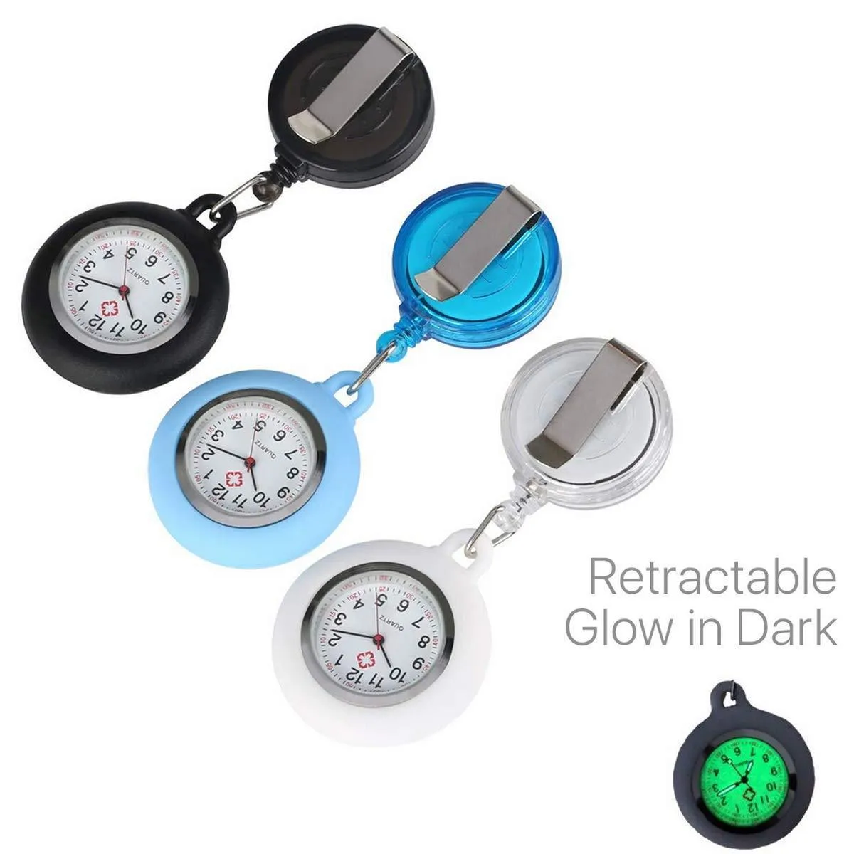 3pcs Unisex Luminous Fob Watches for Nurses Doctors, Retractable Paramedic Medical Student Silicone Smile Face Clip On Pocket Watches