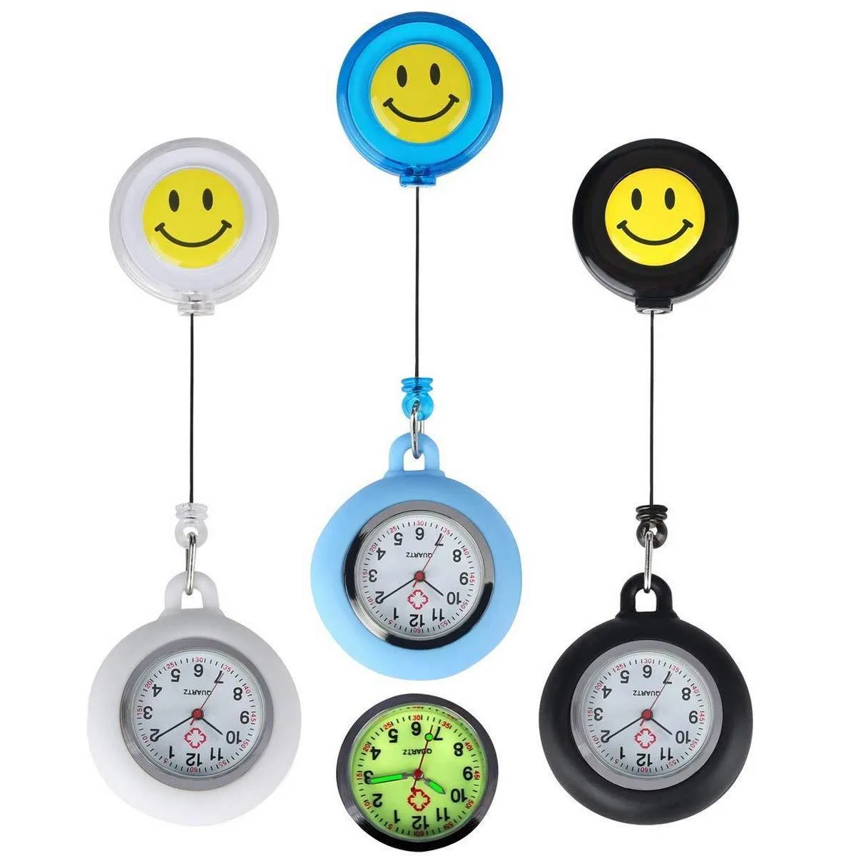 3pcs Unisex Luminous Fob Watches for Nurses Doctors, Retractable Paramedic Medical Student Silicone Smile Face Clip On Pocket Watches
