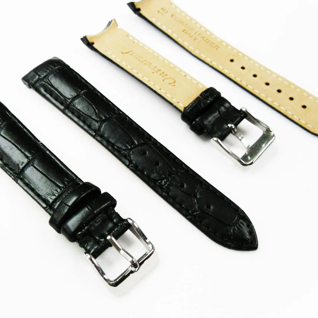 Alligator Curved Genuine Leather Watch Strap, 18MM, Dark Brown Color, Padded, Brown Stitched, Regular Size, Silver Buckle, Watch Band Replacement