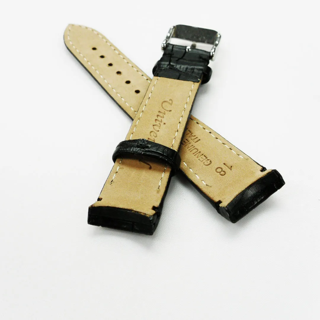 Alligator Curved Genuine Leather Watch Strap, 18MM, Dark Brown Color, Padded, Brown Stitched, Regular Size, Silver Buckle, Watch Band Replacement