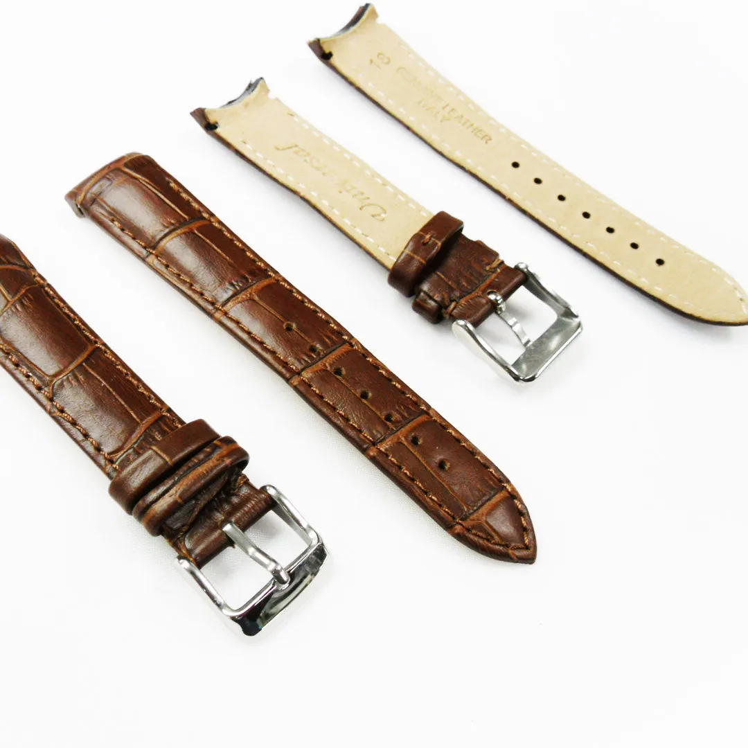 Alligator Curved Genuine Leather Watch Strap, 18MM, Dark Brown Color, Padded, Brown Stitched, Regular Size, Silver Buckle, Watch Band Replacement
