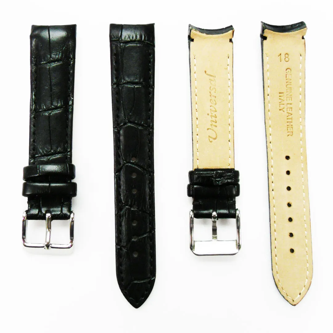 Alligator Curved Genuine Leather Watch Strap, 18MM, Dark Brown Color, Padded, Brown Stitched, Regular Size, Silver Buckle, Watch Band Replacement