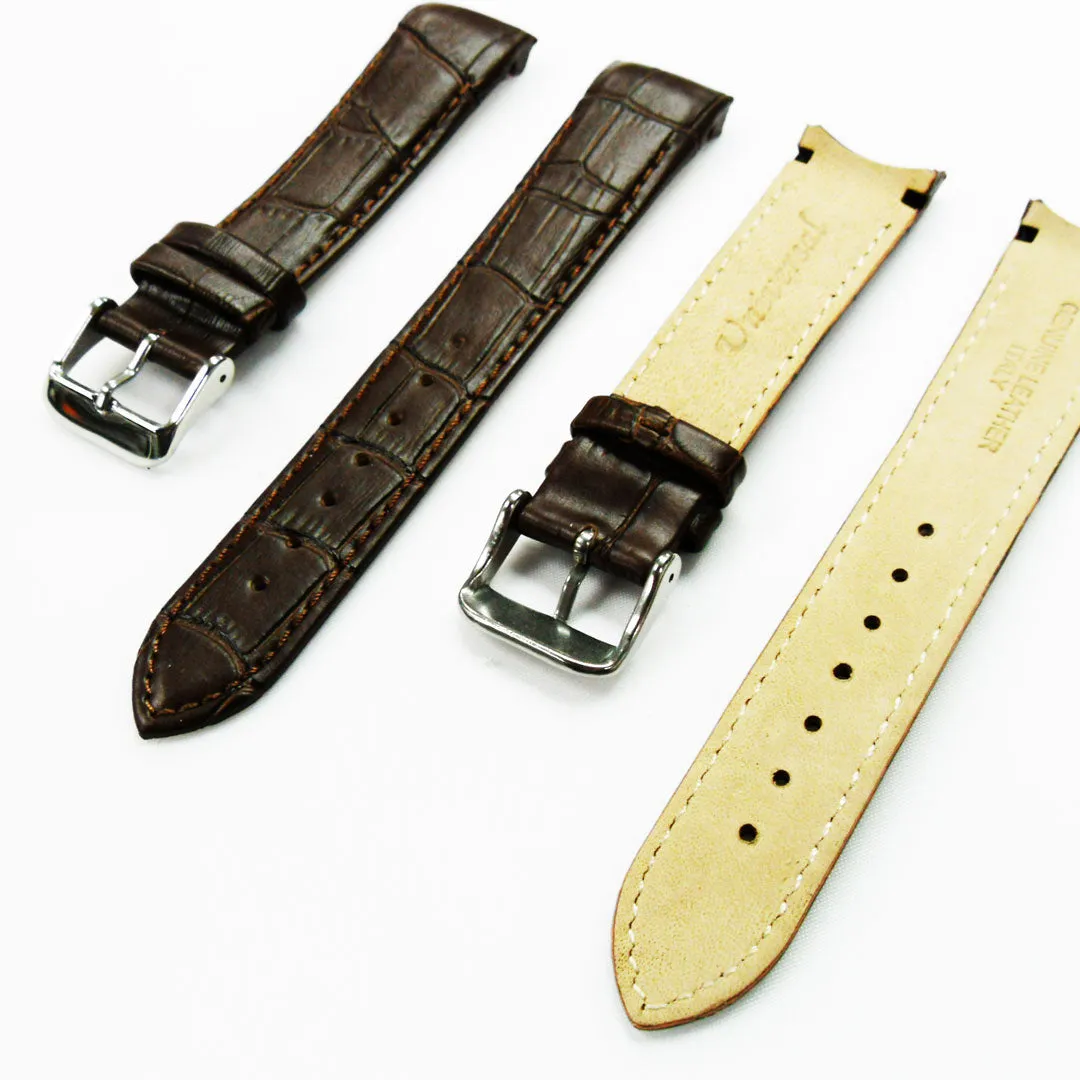 Alligator Curved Genuine Leather Watch Strap, 18MM, Dark Brown Color, Padded, Brown Stitched, Regular Size, Silver Buckle, Watch Band Replacement