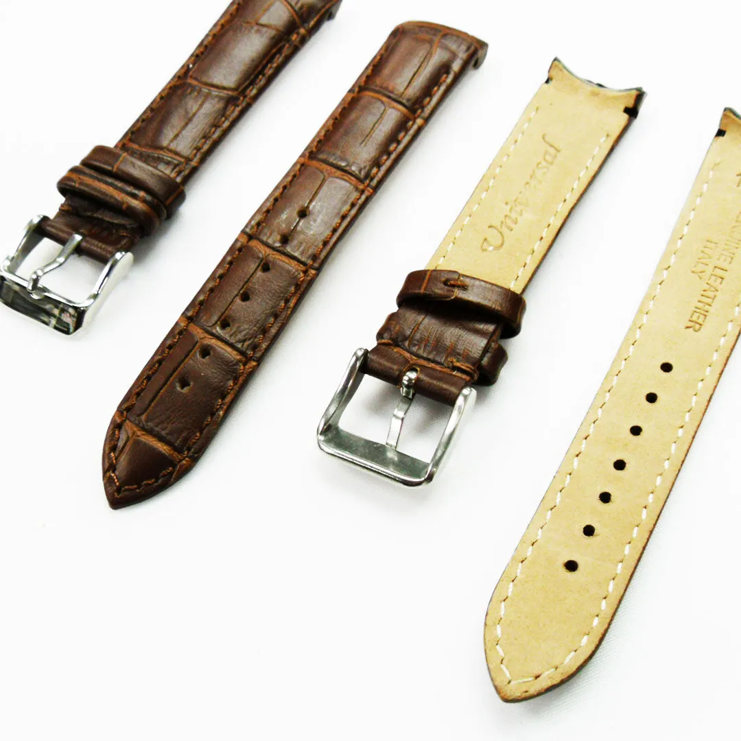 Alligator Curved Genuine Leather Watch Strap, 18MM, Dark Brown Color, Padded, Brown Stitched, Regular Size, Silver Buckle, Watch Band Replacement