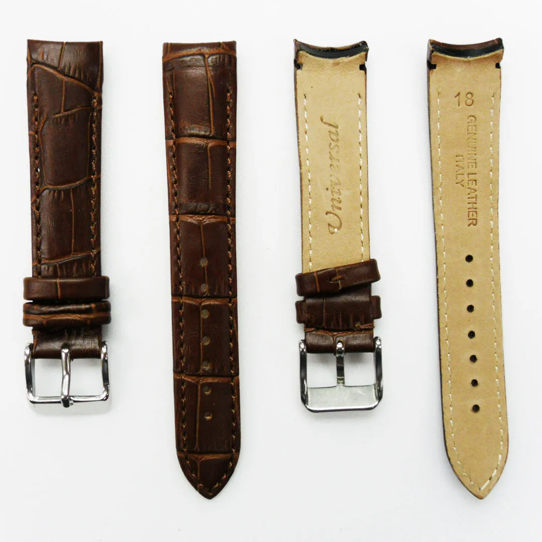 Alligator Curved Genuine Leather Watch Strap, 18MM, Dark Brown Color, Padded, Brown Stitched, Regular Size, Silver Buckle, Watch Band Replacement