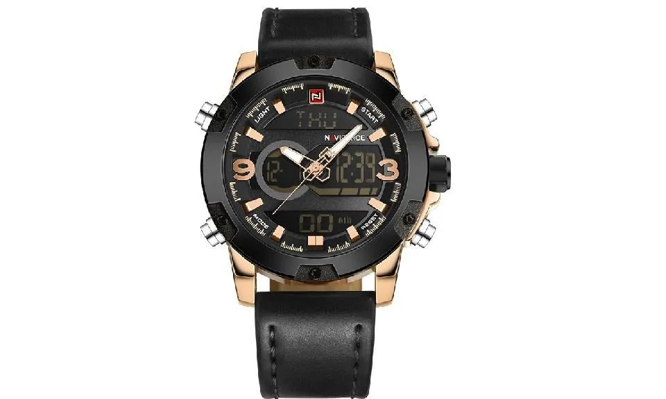 Analog Digital Leather Sports Watches Men's Back Light Digital LED Display Wrist Watch