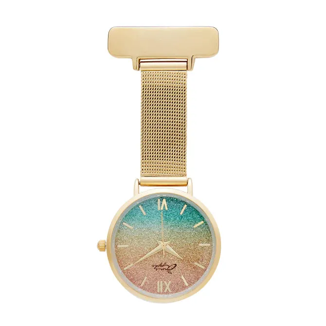 Annie Apple Nurses Fob Watch - Aurora - Glitter Rainbow/Gold - Mesh - 35mm