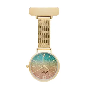 Annie Apple Nurses Fob Watch - Aurora - Glitter Rainbow/Gold - Mesh - 35mm