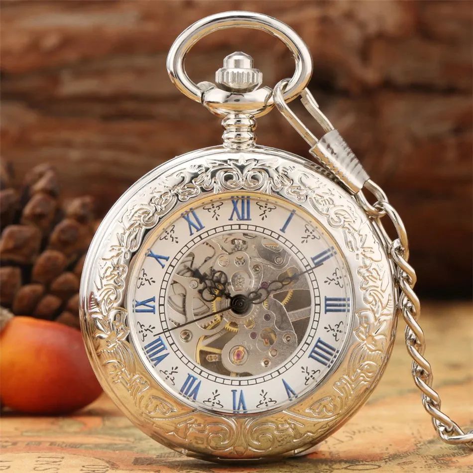 Antique Mechanical Hand Wind Pocket Watch / Exquisite Clock with Display of Blue Roman Numerals