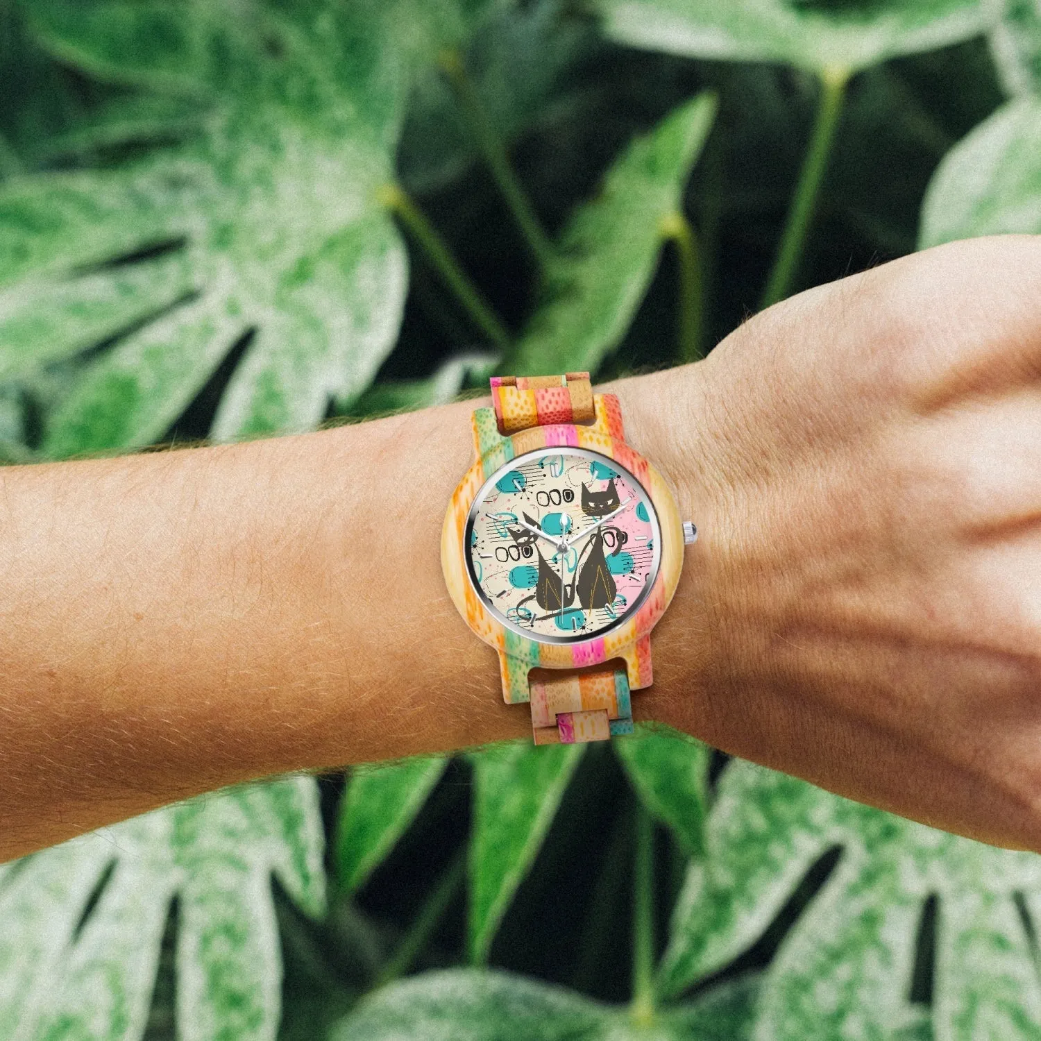 Atomic Cat Wooden Watch, Colorful Camouflage Bamboo Wristwatch, Retro Mid Century Modern Style