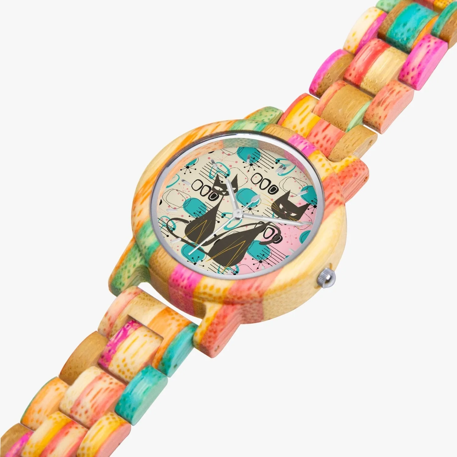 Atomic Cat Wooden Watch, Colorful Camouflage Bamboo Wristwatch, Retro Mid Century Modern Style