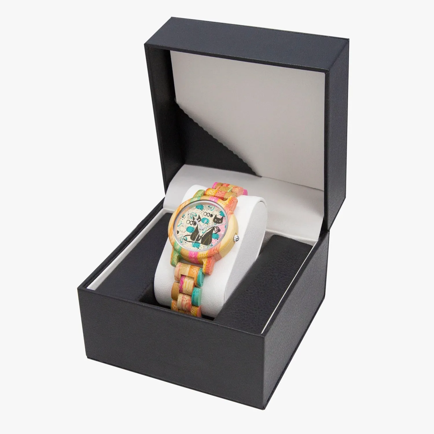Atomic Cat Wooden Watch, Colorful Camouflage Bamboo Wristwatch, Retro Mid Century Modern Style