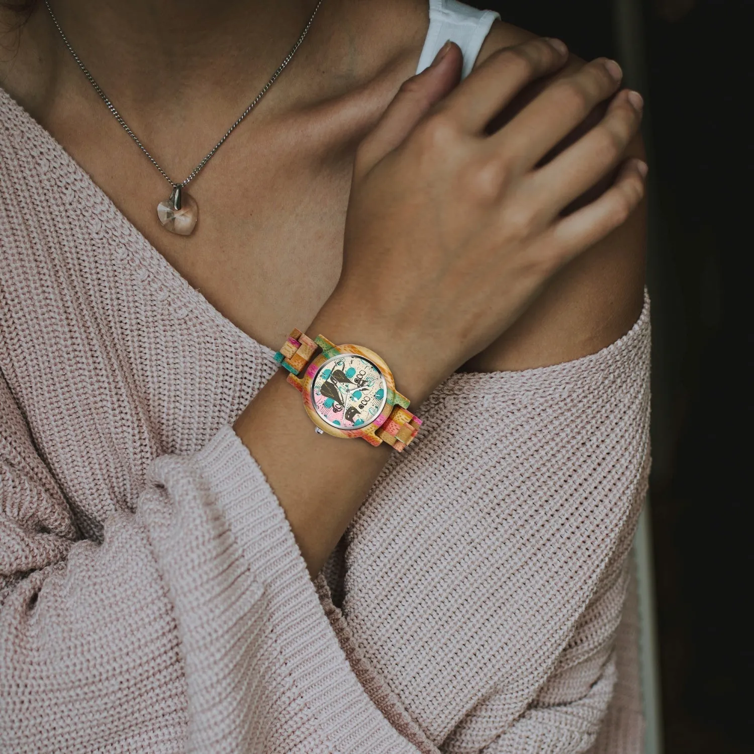 Atomic Cat Wooden Watch, Colorful Camouflage Bamboo Wristwatch, Retro Mid Century Modern Style