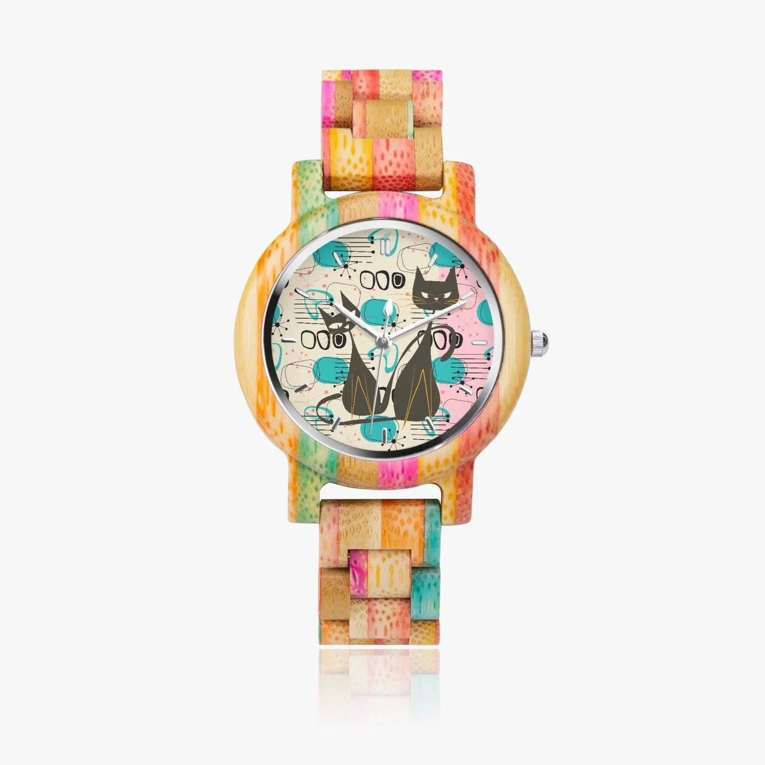Atomic Cat Wooden Watch, Colorful Camouflage Bamboo Wristwatch, Retro Mid Century Modern Style
