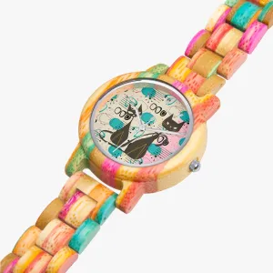 Atomic Cat Wooden Watch, Colorful Camouflage Bamboo Wristwatch, Retro Mid Century Modern Style