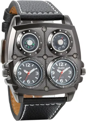 Avaner Mens Punk Watch, Unique Big Face Dual Time Zone Wristwatch, Analog Quartz Leather Strap Sport Watches with Decorative Compass and Thermometer Dial