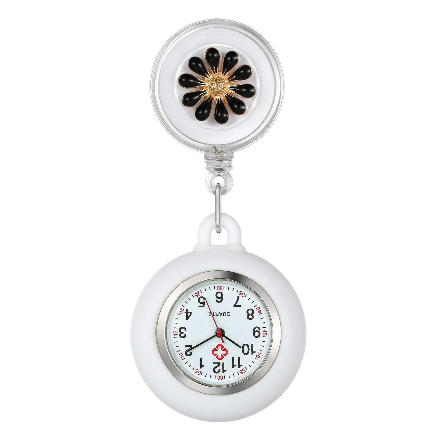AVANER Retractable Nurse Watches Clip-on Hanging Fob Watches Cute Flower Pattern Lapel Watches for Nurses Doctors with Silicone Cover Black