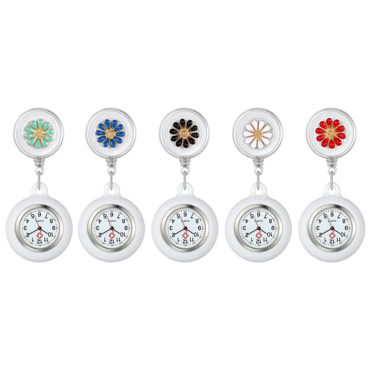AVANER Retractable Nurse Watches Clip-on Hanging Fob Watches Cute Flower Pattern Lapel Watches for Nurses Doctors with Silicone Cover Black
