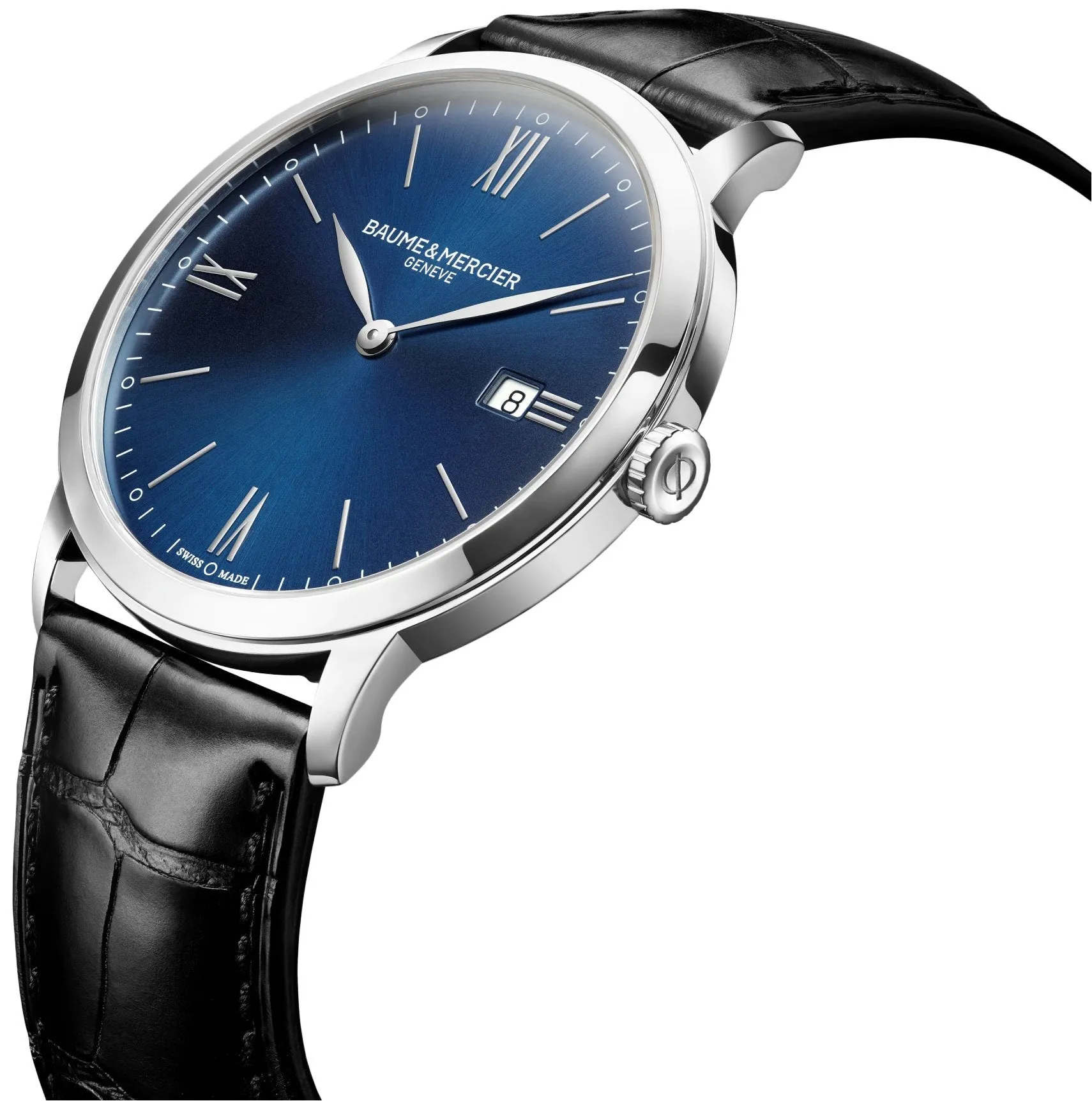 Baume & Mercier Classima Blue Dial Black Leather Strap Date Quartz Mens Watch MOA10324