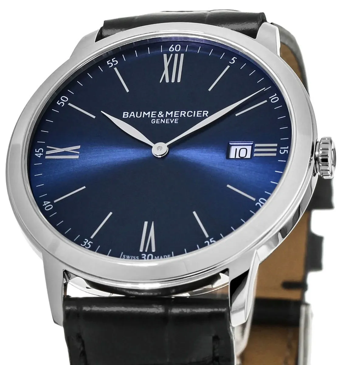 Baume & Mercier Classima Blue Dial Black Leather Strap Date Quartz Mens Watch MOA10324