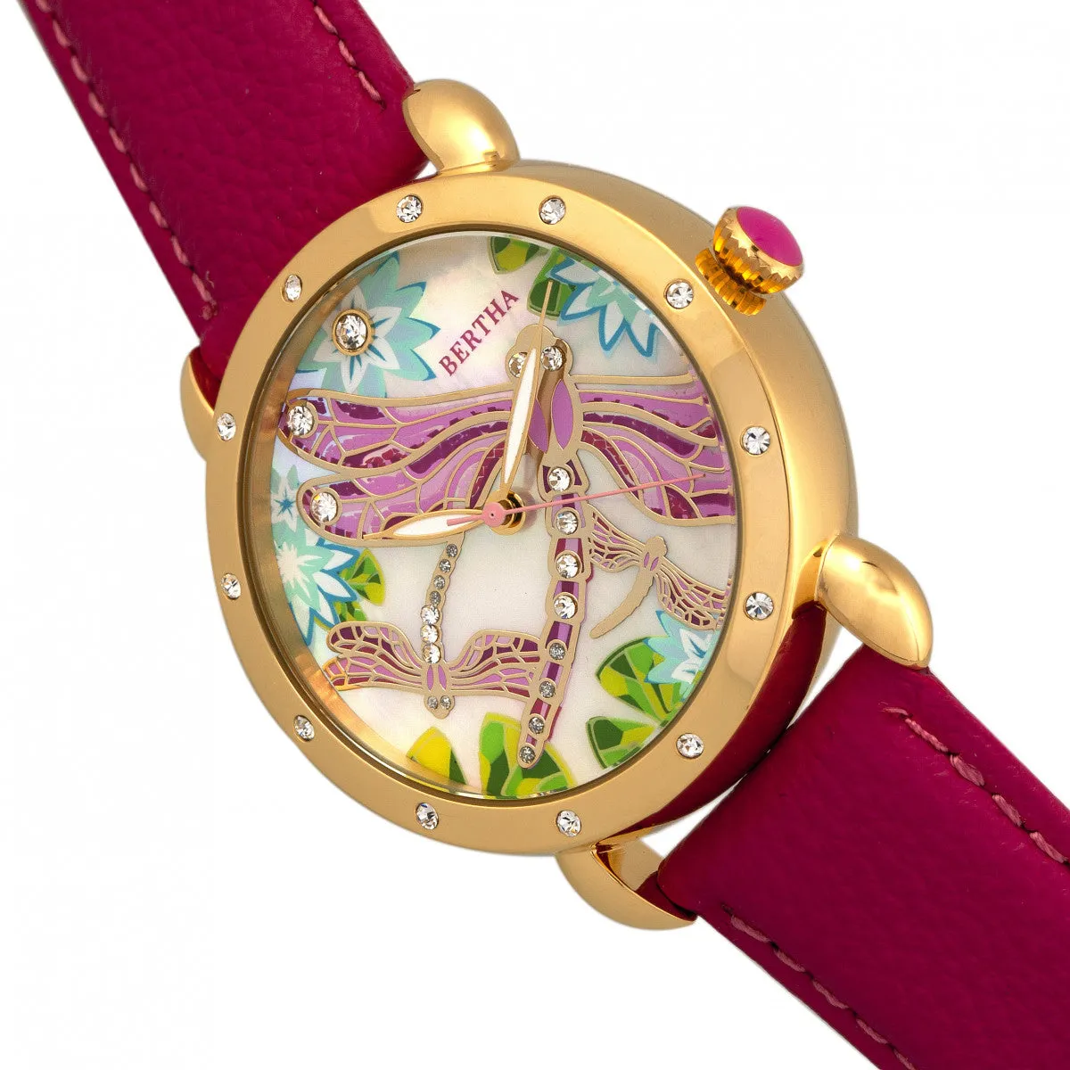 Bertha Jennifer MOP Leather-Band Ladies Watch - Gold/Pink