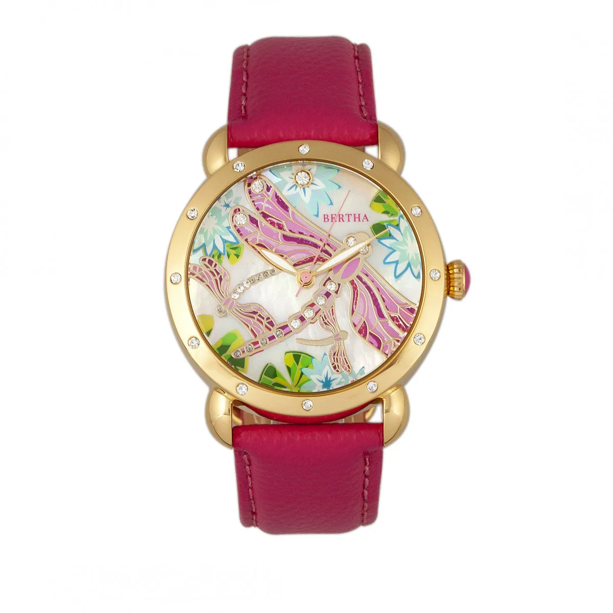 Bertha Jennifer MOP Leather-Band Ladies Watch - Gold/Pink