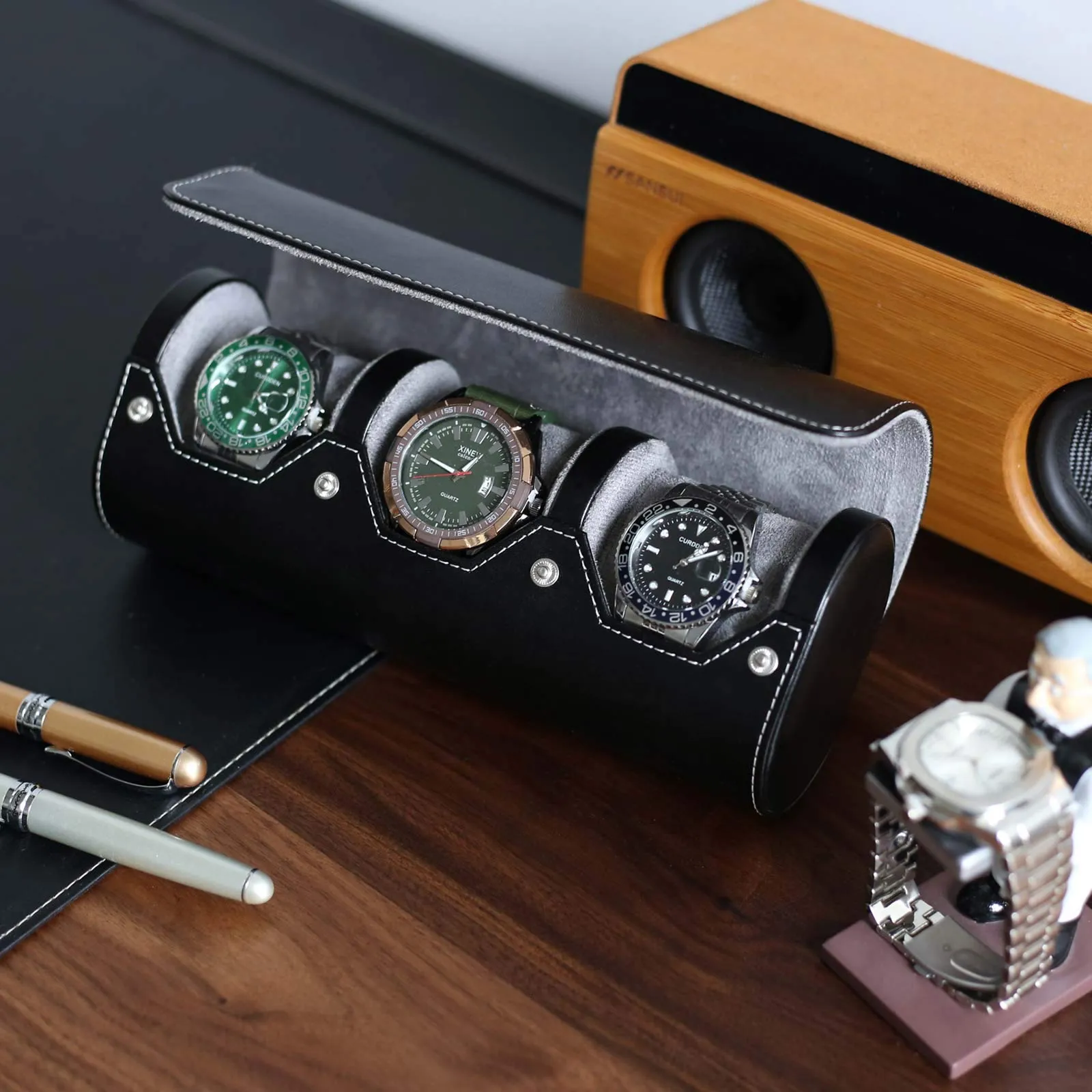Besforu Watch Box Organizer for Mens Watch case Travel roll Portable 3 Watch Display Storage with Velvet Sections to Holder Large Watch (Black) Black