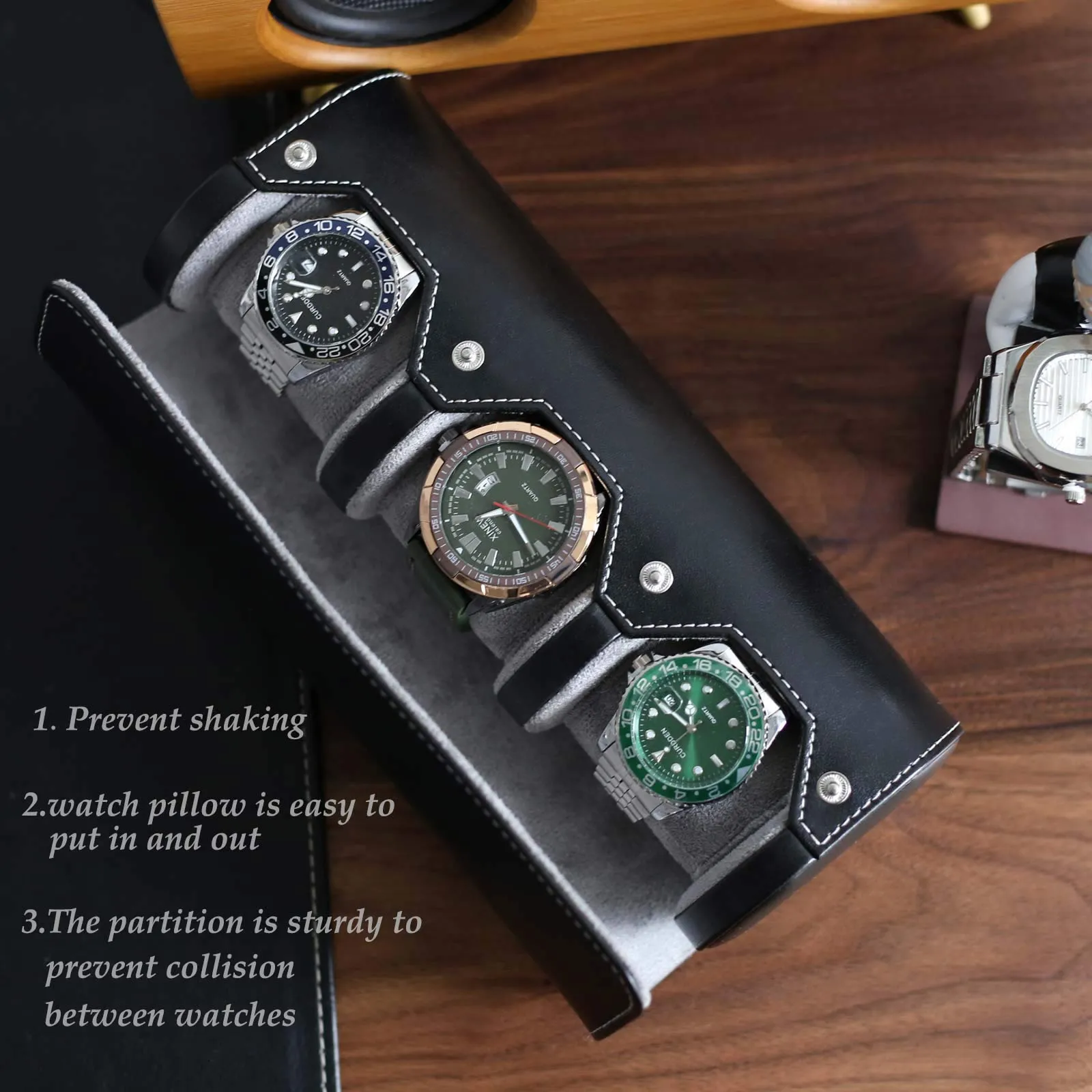Besforu Watch Box Organizer for Mens Watch case Travel roll Portable 3 Watch Display Storage with Velvet Sections to Holder Large Watch (Black) Black