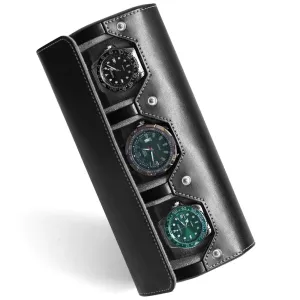 Besforu Watch Box Organizer for Mens Watch case Travel roll Portable 3 Watch Display Storage with Velvet Sections to Holder Large Watch (Black) Black