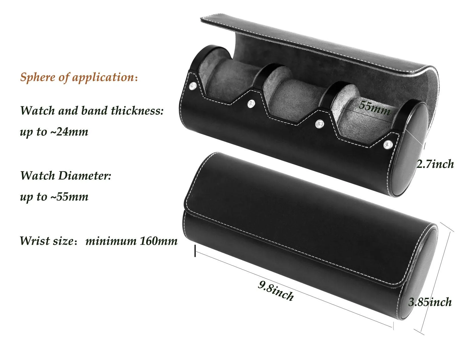 Besforu Watch Box Organizer for Mens Watch case Travel roll Portable 3 Watch Display Storage with Velvet Sections to Holder Large Watch (Black) Black