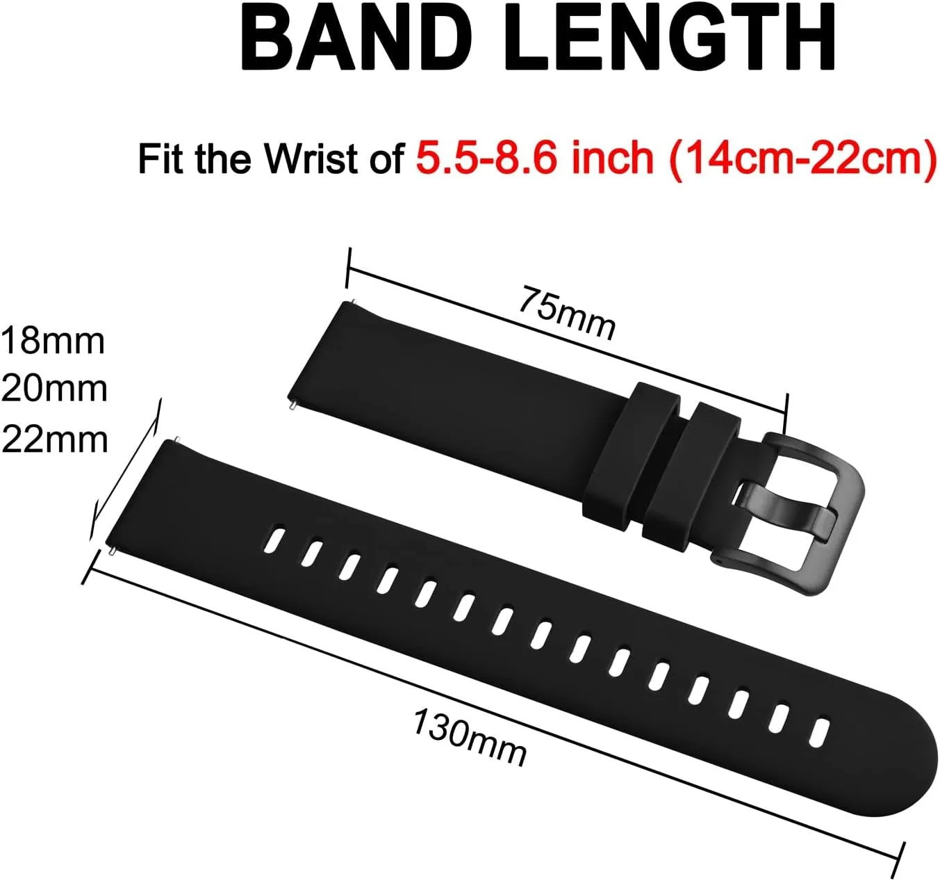 BISONSTRAP Silicone Watch Bands, Slim Watch Straps with Quick Release, 22mm, Black with Black Buckle