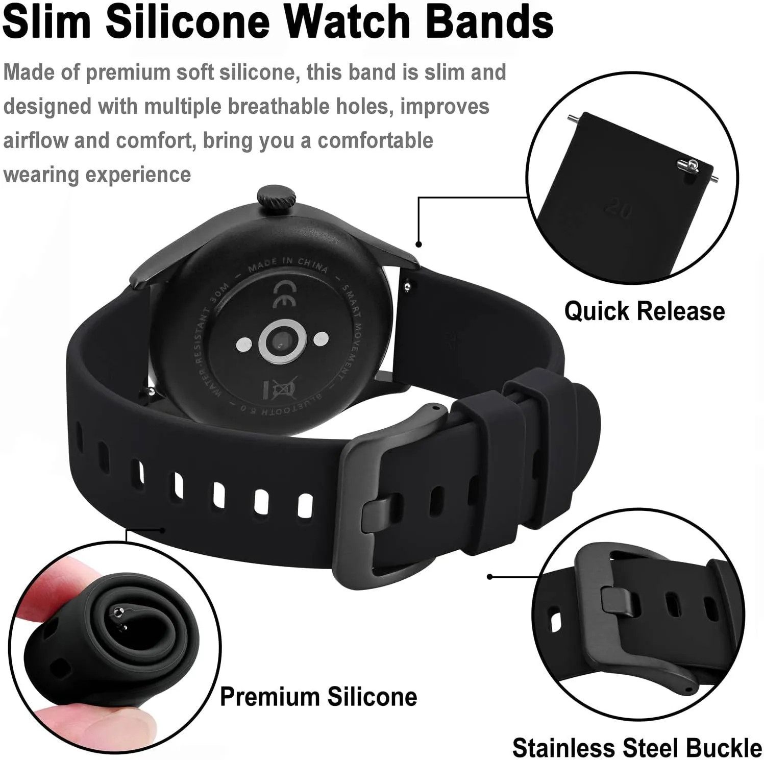 BISONSTRAP Silicone Watch Bands, Slim Watch Straps with Quick Release, 22mm, Black with Black Buckle