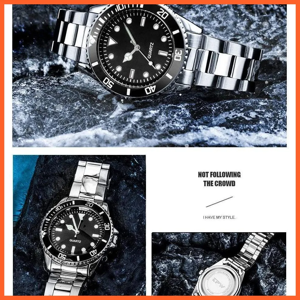 Black Dial Men Business Watch Spinning Bezel Metal Strap Wristwatches