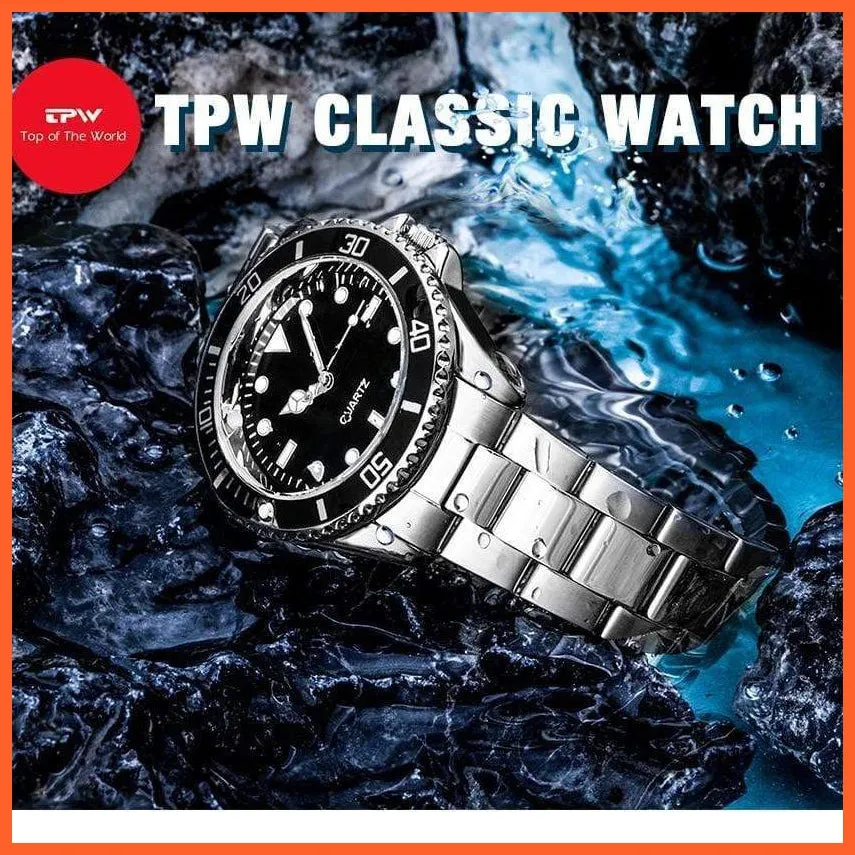 Black Dial Men Business Watch Spinning Bezel Metal Strap Wristwatches