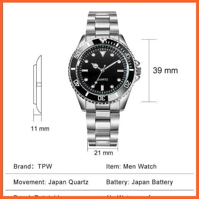Black Dial Men Business Watch Spinning Bezel Metal Strap Wristwatches