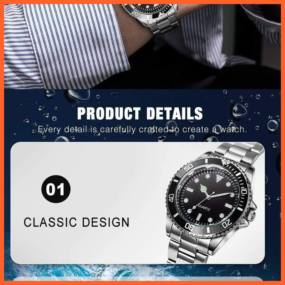 Black Dial Men Business Watch Spinning Bezel Metal Strap Wristwatches