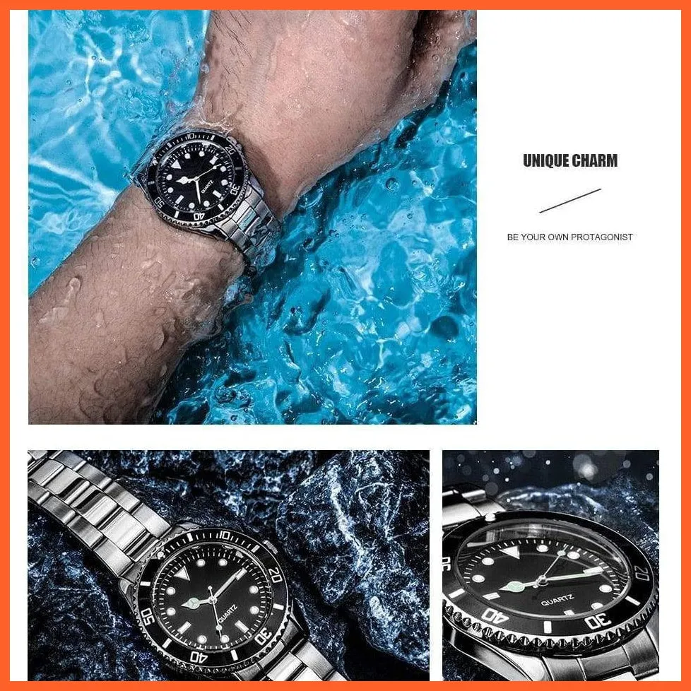 Black Dial Men Business Watch Spinning Bezel Metal Strap Wristwatches