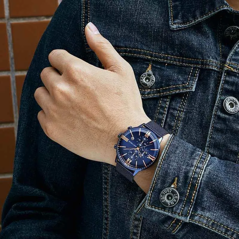 Blue Simple Cheap Watches For Men Stainless Steel Band MOS0405