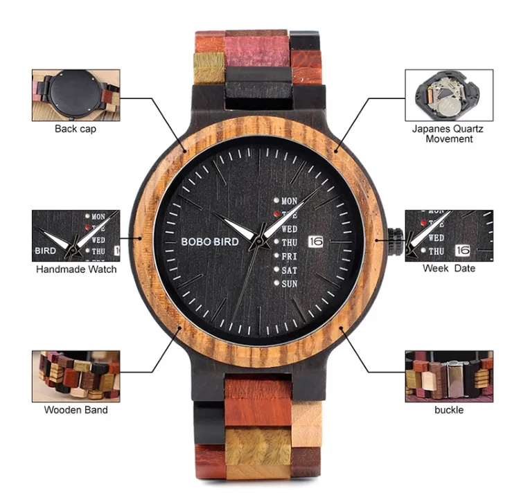BOBO BIRD HANDMADE WOODEN UNISEX WATCH IN MULTICOLOR