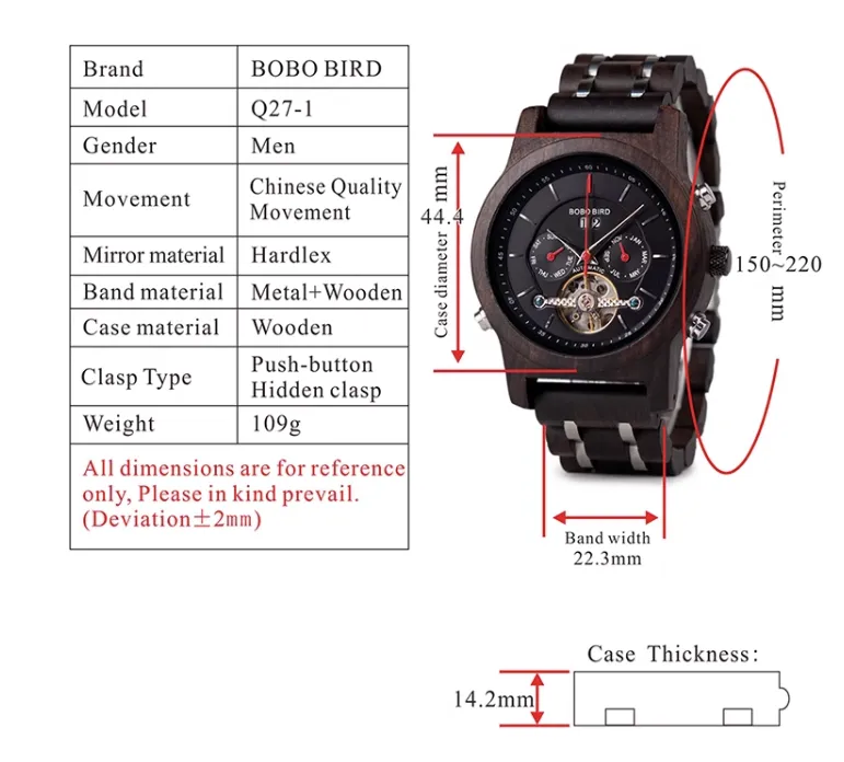 BOBO BIRD MECHANICAL WOODEN UNISEX WATCH