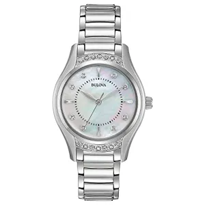 Bulova Ladies' Classic Diamond 3-Hand Quartz Stainless Steel Watch, 16 Diamonds, Mother-of-Pearl Dial, Curved Mineral Crystal, Silver Tone
