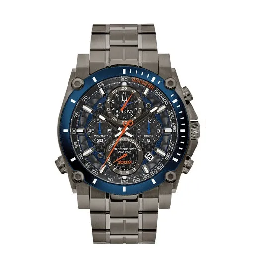Bulova Precisionist Watch with 46MM Black Round Dial and Stainless Steel Bracelet. 98B343